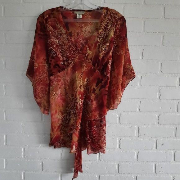 Laura Petites Rust tones Gold Glitter Semi Sheer Layered Tie Back Blouse Small P - Picture 1 of 11